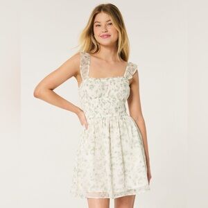 Hollister White Mini Dress with Light Green Leaf Print